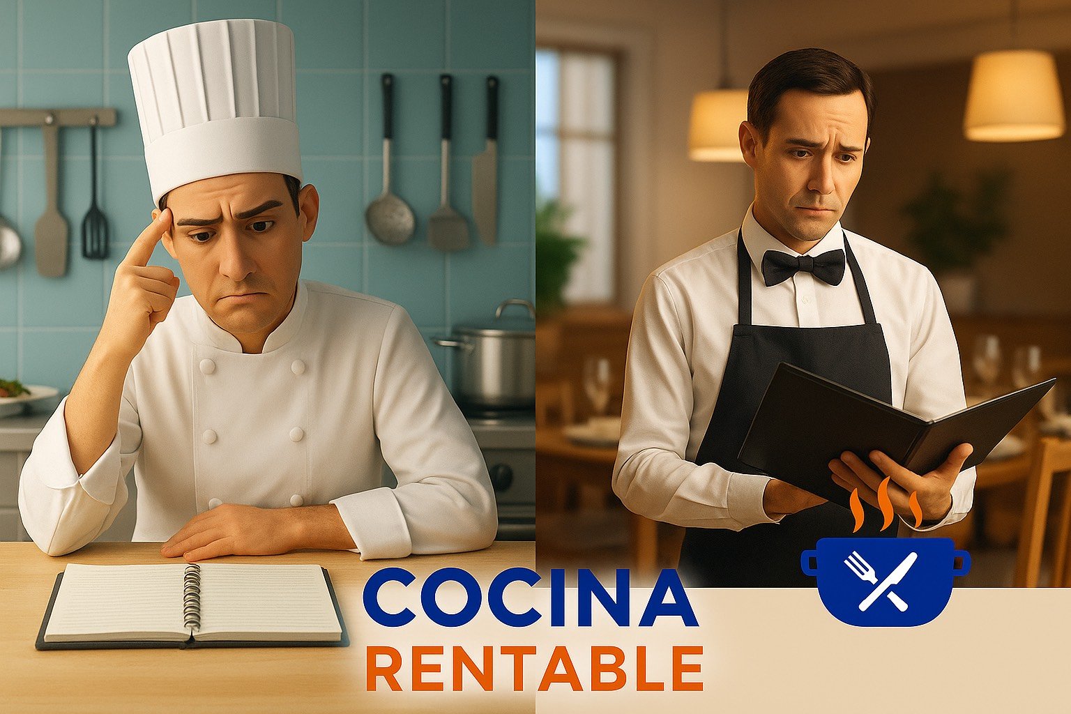 Chef y mesero preocupados por la administración de un restaurante, con el logo de Cocina Rentable.