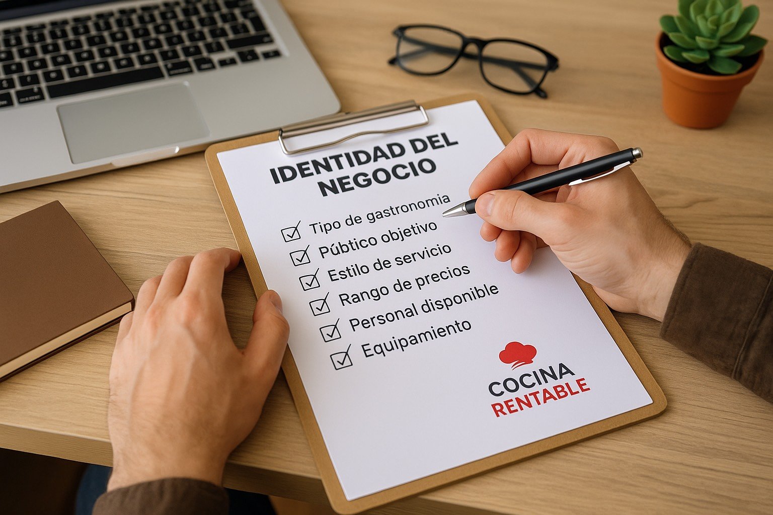 Persona revisando una lista de identidad del negocio con puntos clave como tipo de gastronomía y público objetivo.