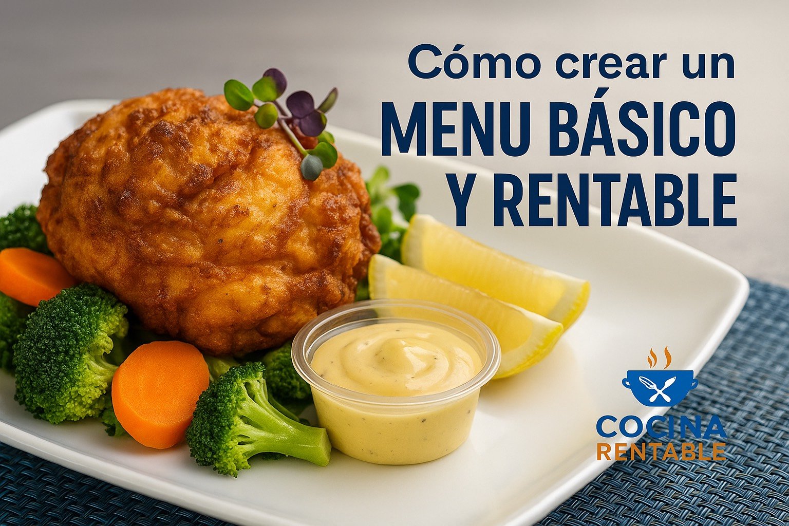 Plato de comida mostrando el título Cómo crear un menú básico y rentable junto al logo de Cocina Rentable.