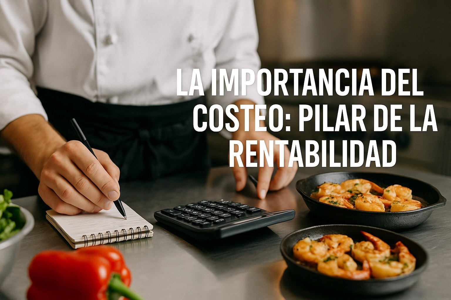 Chef calculando el costo de platos con calculadora y cuaderno en la mesa.