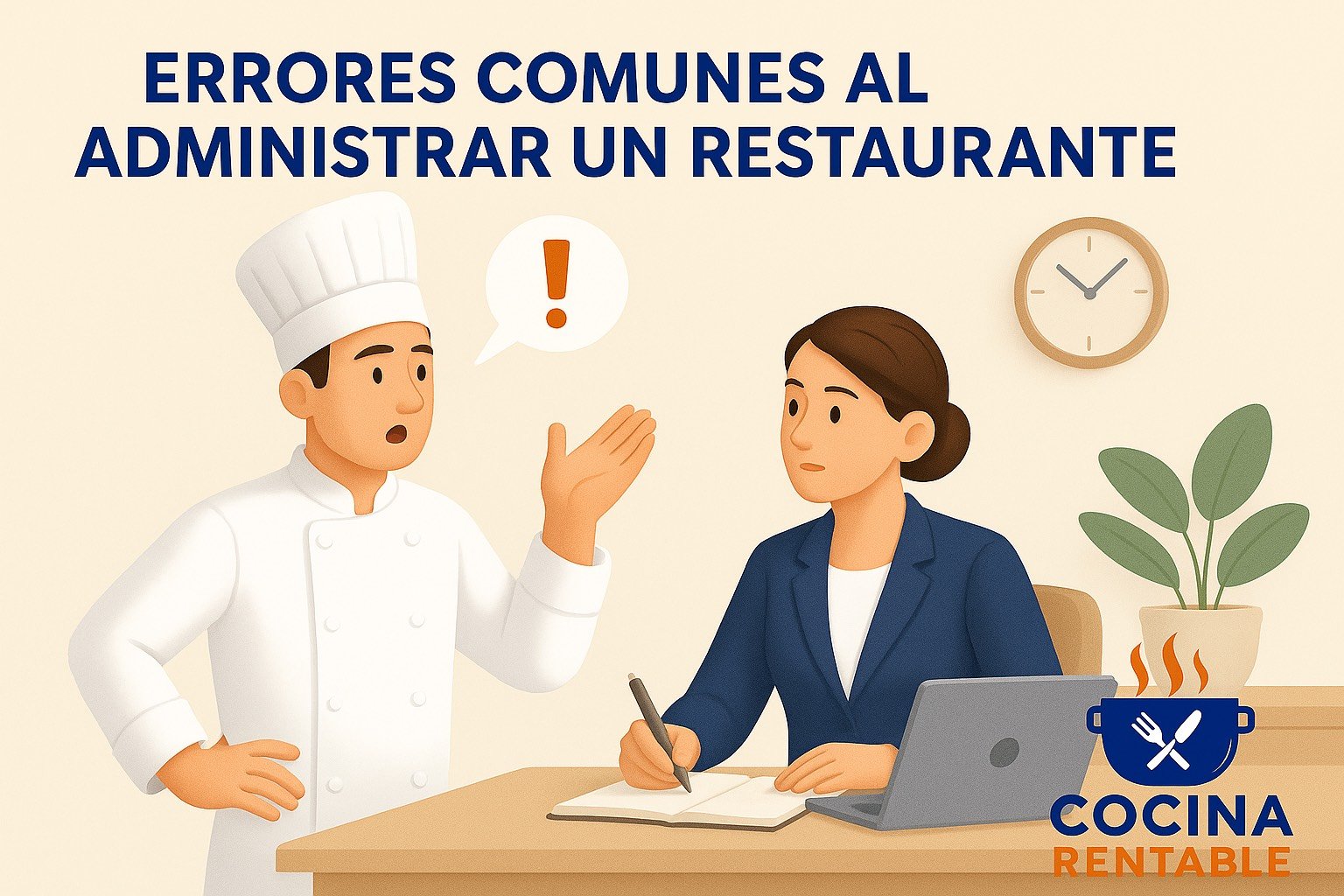 Chef y administradora analizando problemas de gestión en un restaurante, con el logo de Cocina Rentable.