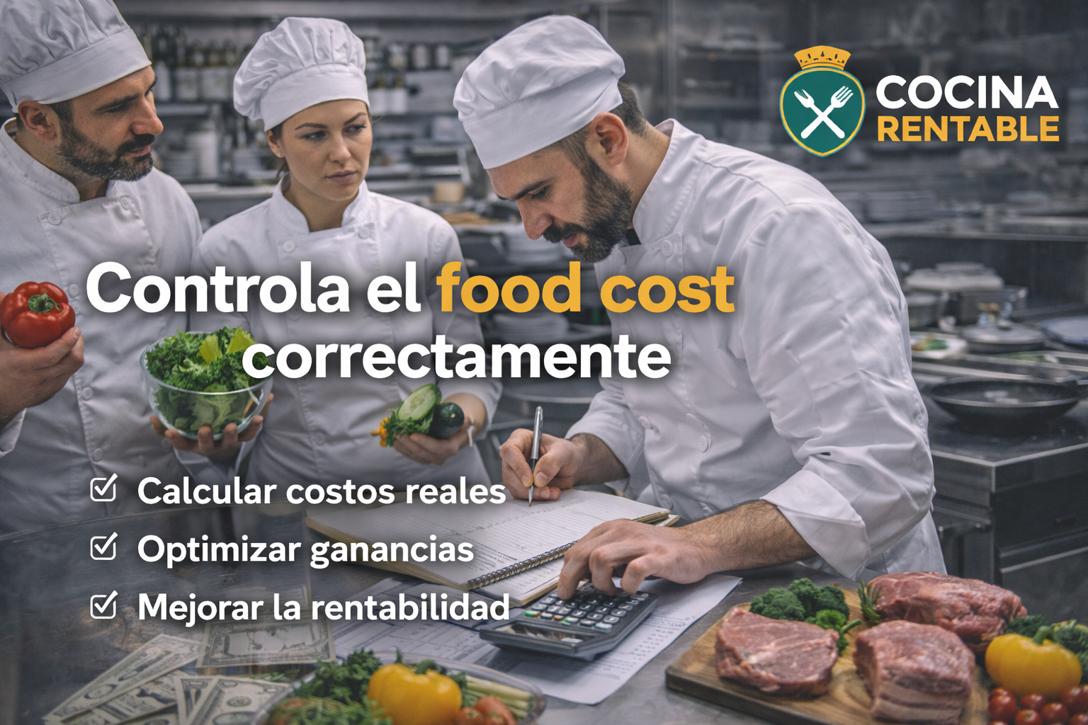 Chefs controlando el food cost en cocina profesional con calculadora y productos