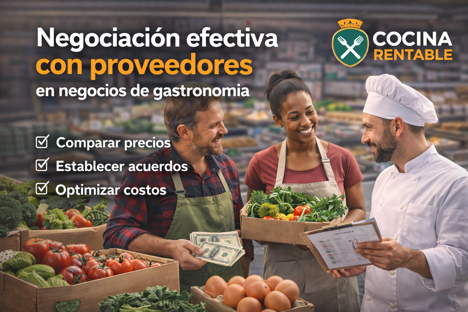 Negociación entre chef y comerciantes de alimentos frescos en un mercado