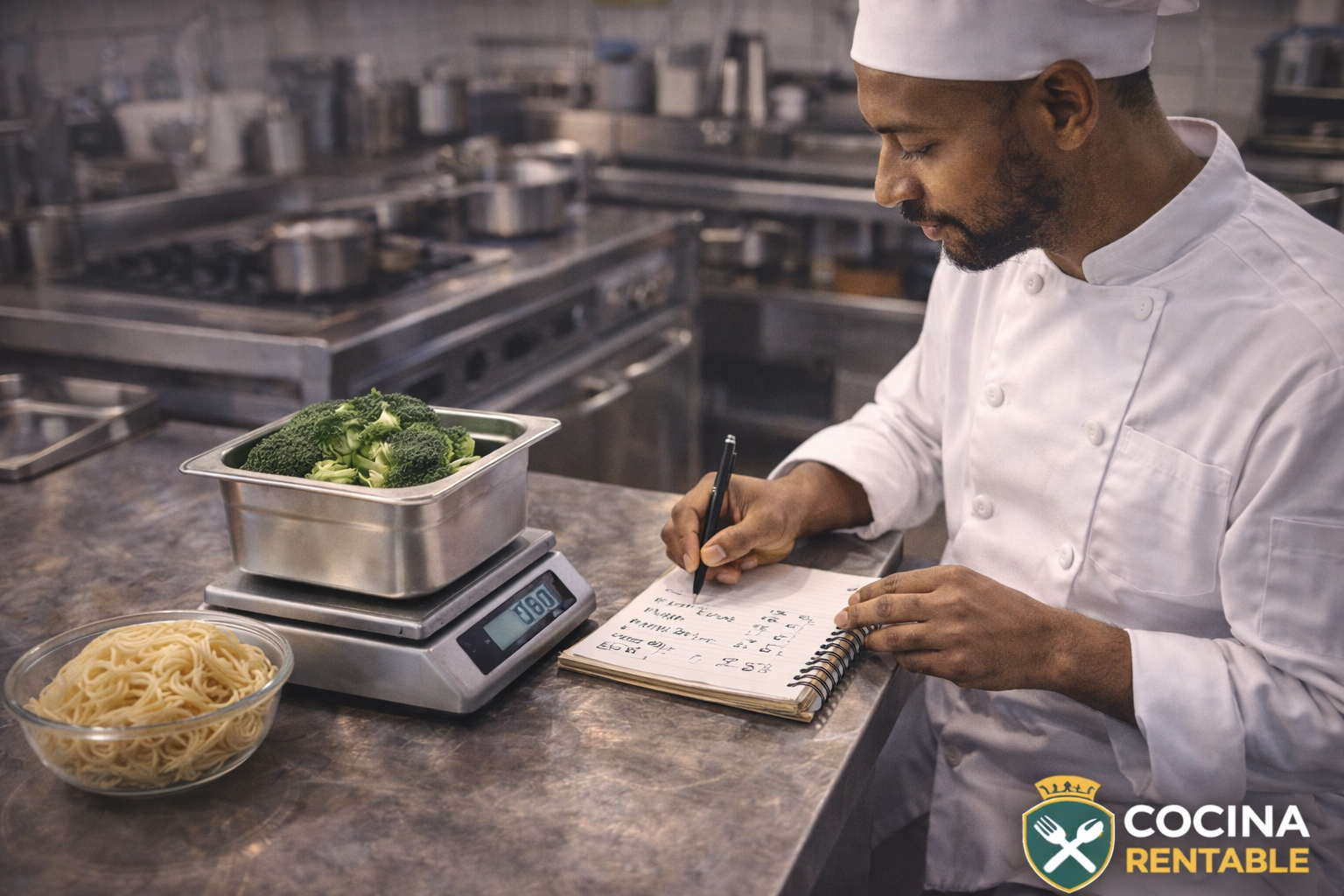 Pesaje de ingredientes y registro de costos para estandarizar recetas en cocina profesional
