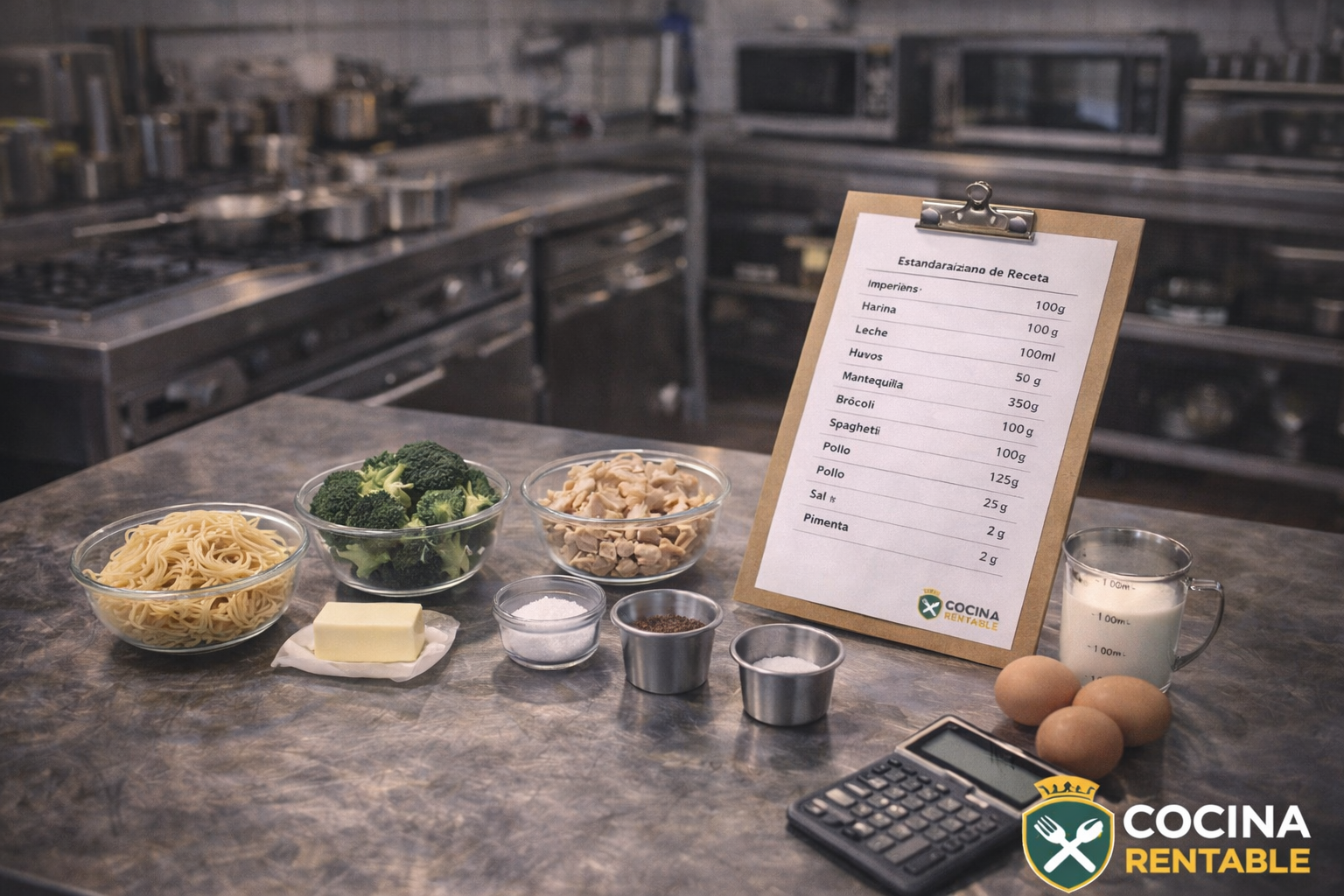 Receta estandarizada con ficha técnica e ingredientes medidos en cocina profesional