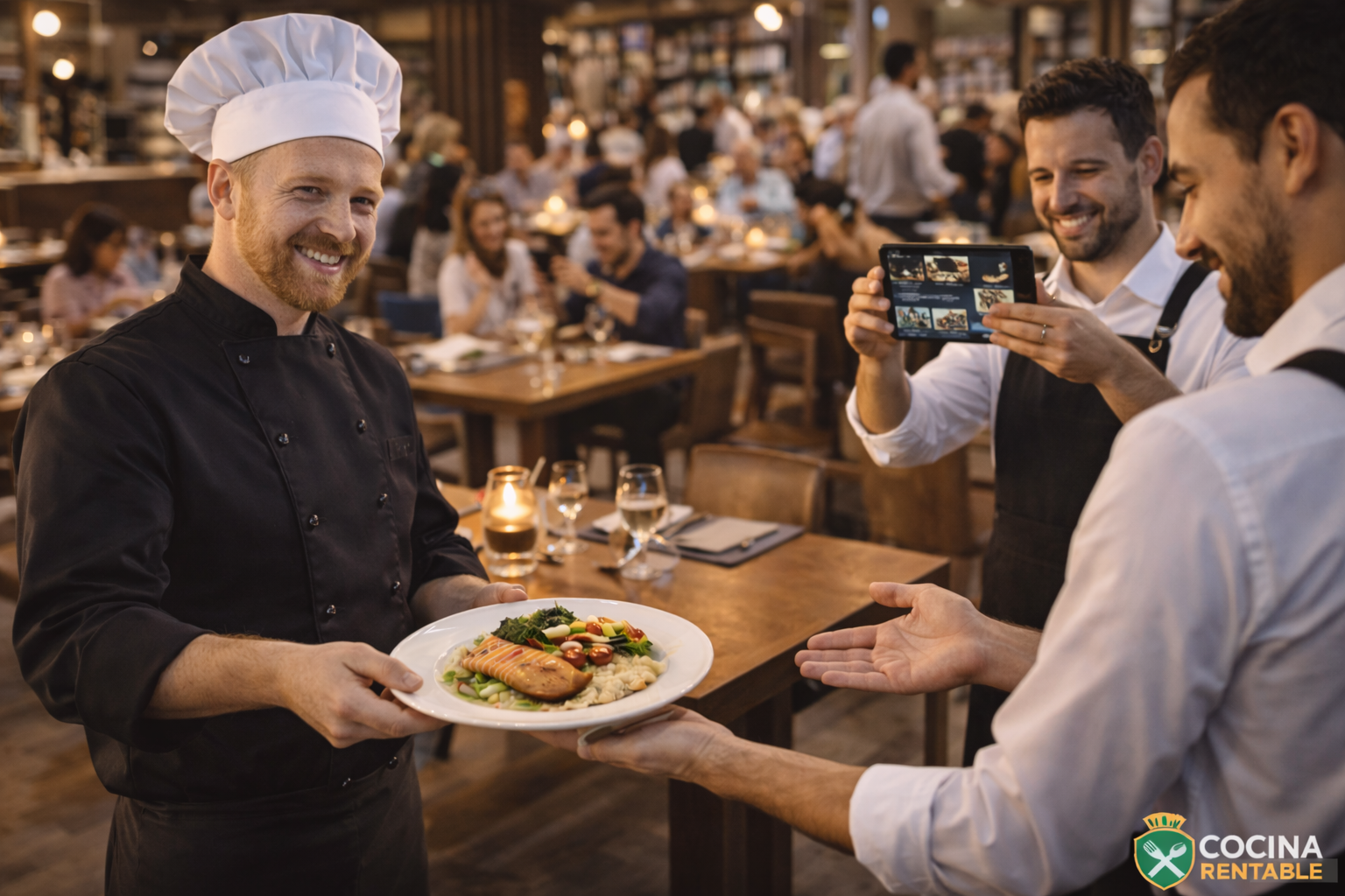 Chef presentando un plato como parte del marketing gastronómico y experiencia en sala